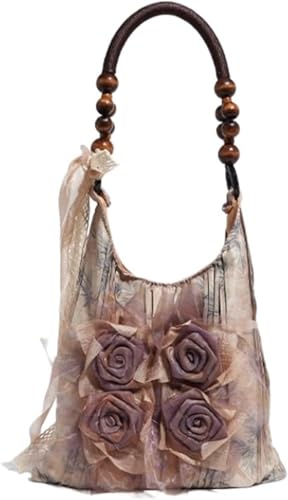 Damenmode Doppelschulter Stereoskopische Rose Tie-Dye Retro Handtasche Mode Casual Große Kapazität Tote Schulter Handtasche Vintage Hobo Tasche (Braun,One size) von Vagbalena