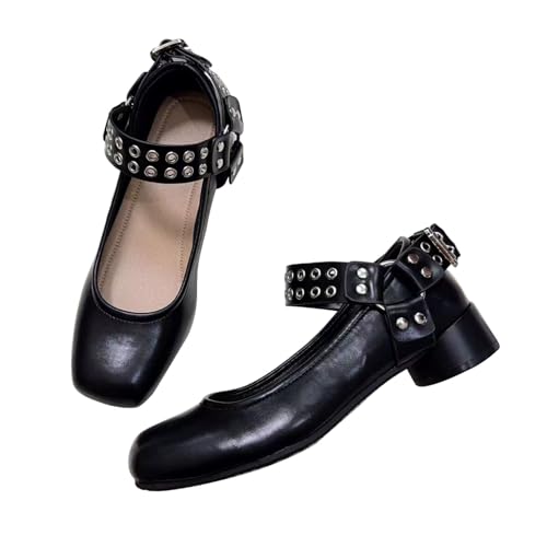 Damenmode Niedlich Vintage Gothic Ein Riemen Y2k Ballett Flats Mädchen Kawaii Nieten Quadrat Shallow Mary Jane Heels (Schwarz 1,4 Zoll,36) von Vagbalena