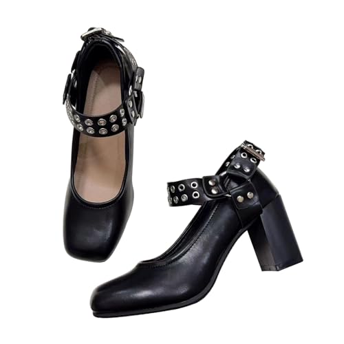 Damenmode Niedlich Vintage Gothic Ein Riemen Y2k Ballett Flats Mädchen Kawaii Nieten Quadrat Shallow Mary Jane Heels (Schwarz 3in,38) von Vagbalena