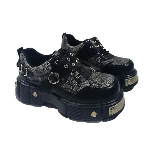Damenmode lässig Retro Spleißen runden Kopf Spitze bis Nieten Arbeit Schuhe Nieten Schnalle Schnürung dicken Absatz High Heel Schuhe (Grau,41) von Vagbalena