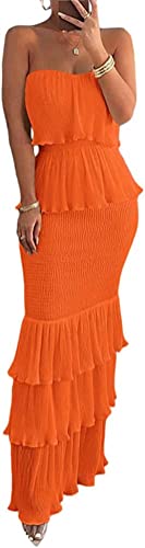 Elegantes Etuikleid Trägerloses Bleistiftkleid Langes Elegantes Ballkleid Plissierter Saum Gerafftes Kleid Rüsche Bodenlange Partykleider (Orange,M) von Vagbalena