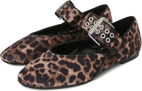 Flache Mary-Jane-Schuhe mit quadratischer Zehenpartie für Damen mit Schnallenriemen lässige Arbeits- und Büroschuhe verstellbarer Riemen bequem quadratisch (10A-Leopard,40) von Vagbalena