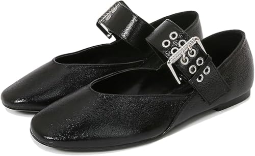 Flache Mary-Jane-Schuhe mit quadratischer Zehenpartie für Damen mit Schnallenriemen lässige Arbeits- und Büroschuhe verstellbarer Riemen bequem quadratisch (10A-Schwarz,35) von Vagbalena