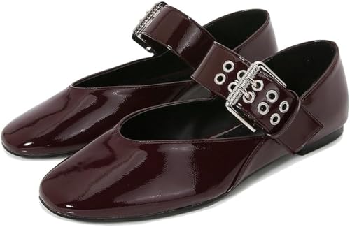 Flache Mary-Jane-Schuhe mit quadratischer Zehenpartie für Damen mit Schnallenriemen lässige Arbeits- und Büroschuhe verstellbarer Riemen bequem quadratisch (10A-burgunderrot,35) von Vagbalena