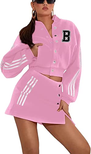 Frauen 2-stück Baseball Schule uniform Kleid Sportswear Set Langarm Geschmack Baseball Jacke Seite Schlitz mini Rock mit Taschen Clubwear (Rosa,S) von Vagbalena