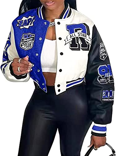 Frauen Cropped Baseball Jacke Varsity Jacke Print Color Blocking unten Jacke Baseball Kappe Y2K Streetwear Mantel leichte Jacke Sweatshirt (Blau,M) von Vagbalena