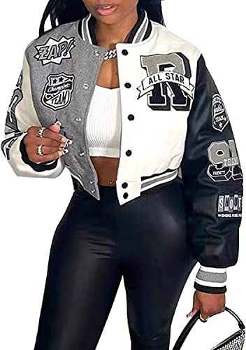 Frauen Cropped Baseball Jacke Varsity Jacke Print Color Blocking unten Jacke Baseball Kappe Y2K Streetwear Mantel leichte Jacke Sweatshirt (Grau,M) von Vagbalena