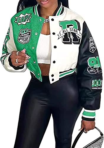Frauen Cropped Baseball Jacke Varsity Jacke Print Color Blocking unten Jacke Baseball Kappe Y2K Streetwear Mantel leichte Jacke Sweatshirt (Grün,L) von Vagbalena
