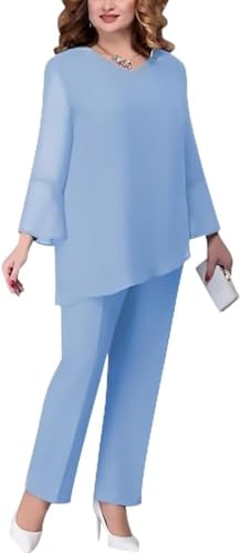 Vagbalena Elegantes Damen Zweiteiliger Chiffonhemd und Hohe Taillenhosen Set, Tüll Abendkleid Set, Elegant Vintage, Himmelblau, XL von Vagbalena