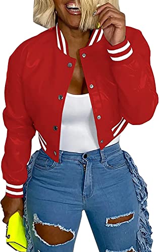 Frauen Kurze Sexy Varsity Baseball Jacke Casual Langarm Taste Baseball Jersey Mode Patchwork Gestreiften College Baseball Pilot Jacke (Rot,S) von Vagbalena