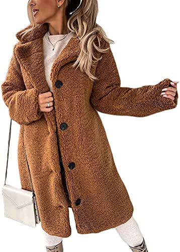 Frauen Lange Fleece Jacke Taste vorne Langarm Revers Wolle Mantel Graben Mantel Elegante licht Teddy Fell Mantel mit Taschen Herbst Winter (Braun,M) von Vagbalena