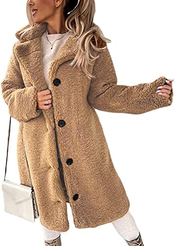 Frauen Lange Fleece Jacke Taste vorne Langarm Revers Wolle Mantel Graben Mantel Elegante licht Teddy Fell Mantel mit Taschen Herbst Winter (Khaki,XXL) von Vagbalena