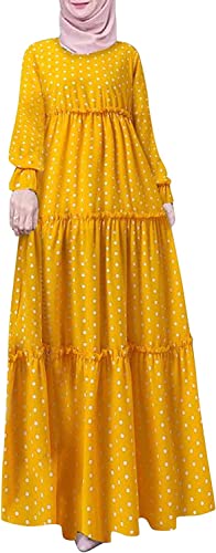 Frauen Polka Dot Bedruckte Maxi Afrikanische Kaftan Islamische Kleidung Abaya Muslimische Frauen Langes Kleid Anzug Dubai Islamische Gebetskleidung (Gelb,M) von Vagbalena