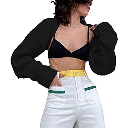 Frauen Y2K häkeln Shrug Pullover sexy solide Farbe super Kurze Lange Ärmel Pullover Jacke gestrickt Lange Ärmel solide Farbe Strickjacke Crop top (Schwarz,M) von Vagbalena