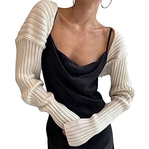 Frauen Y2K häkeln Shrug Pullover sexy solide Farbe super Kurze Lange Ärmel Pullover Jacke gestrickt Lange Ärmel solide Farbe Strickjacke Crop top (Weiß,XL) von Vagbalena