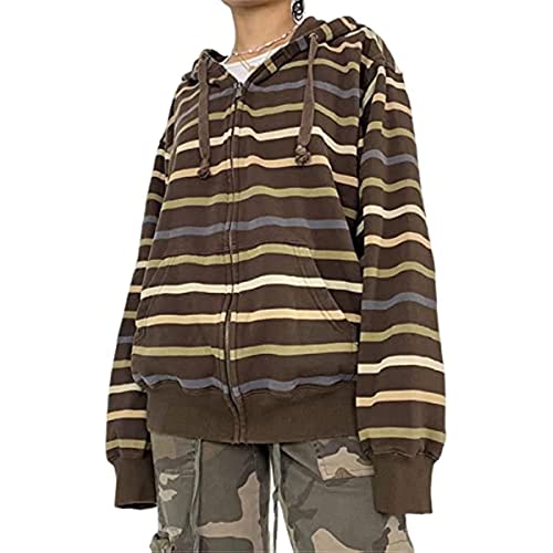 Frauen Y2k Hoodie Stil Elf Hoodie Langarm Schöne Sweatshirt Zipper Strickjacke Harajuku Retro Lose Kontrast Farbe Striped Zipper Hoodie (Braun,M) von Vagbalena