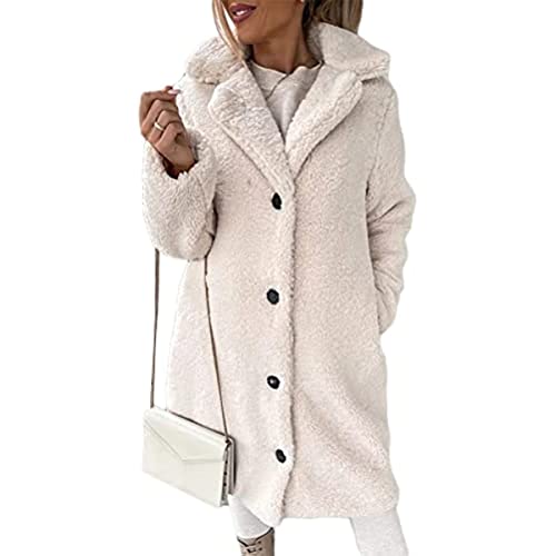 Frauen Lange Fleece Jacke Taste vorne Langarm Revers Wolle Mantel Graben Mantel Elegante licht Teddy Fell Mantel mit Taschen Herbst Winter (Apricot,S) von Vagbalena