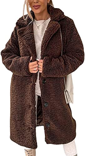 Frauen Lange Fleece Jacke Taste vorne Langarm Revers Wolle Mantel Graben Mantel Elegante licht Teddy Fell Mantel mit Taschen Herbst Winter (Braun 2,M) von Vagbalena