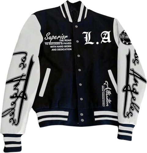 Herren-Baseballjacke im College-Stil für den Frühling Farbblock-Design Monogramm-Aufdruck langärmelig lässige Baseballjacke personalisierte College-Jacke (schwarz,XL) von Vagbalena