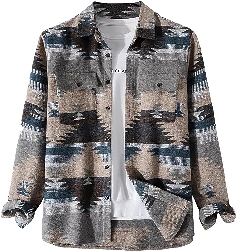 Herren-Flanell-Jacke mit doppelter Tasche lang ärmelig regelmäßig sitzend aztekisch bedrucktes lässiges Vintage-Knopf leichte Retro-Jacke (Blau,XXL) von Vagbalena