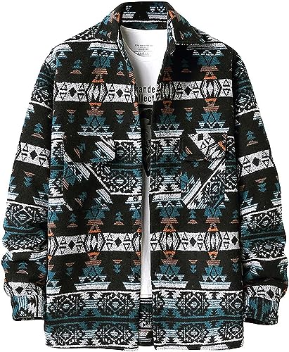 Herren-Flanell-Jacke mit doppelter Tasche lang ärmelig regelmäßig sitzend aztekisch bedrucktes lässiges Vintage-Knopf leichte Retro-Jacke (Marineblau,L) von Vagbalena