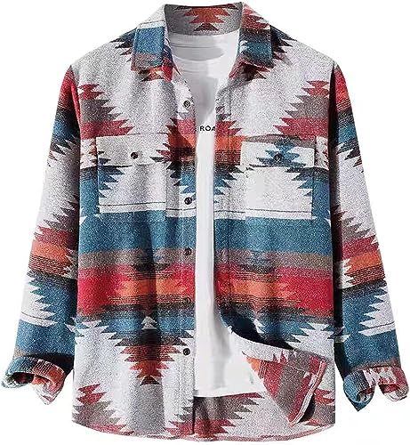 Herren-Flanell-Jacke mit doppelter Tasche lang ärmelig regelmäßig sitzend aztekisch bedrucktes lässiges Vintage-Knopf leichte Retro-Jacke (Rot,S) von Vagbalena