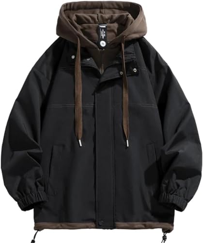 Herren Herbst und Winter Kapuze Cason Jacket Colorblocker Baseball Kleidung Hip Hop Lose Mantel Gefälschte Zweiteilige Winddichte Feste Farbjacke (Schwarz,L) von Vagbalena