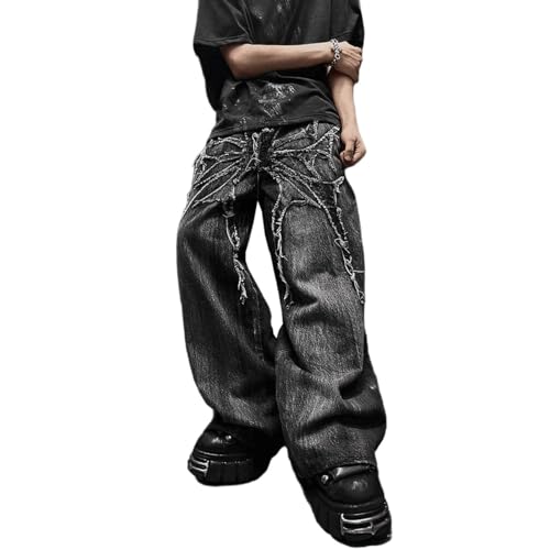 Herren Hip Hop Gespleißt Weites Bein Y2K Jeans Mode Grunge Streetwear Skateboarding Hip Hop Mode Locker Lässig Gerade Jeans (Dunkel Grau,L) von Vagbalena