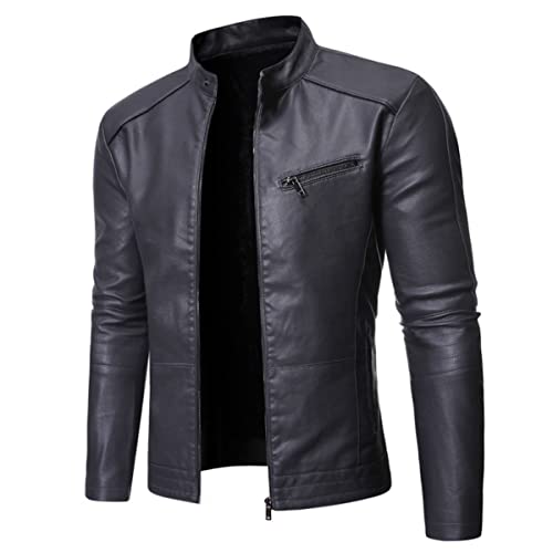 Herren Stehkragen Lederjacke Motorrad Casual Slim Leichter Reißverschluss Motorradjacke Motorrad Leichte Kunstlederjacke (Grau,XL) von Vagbalena