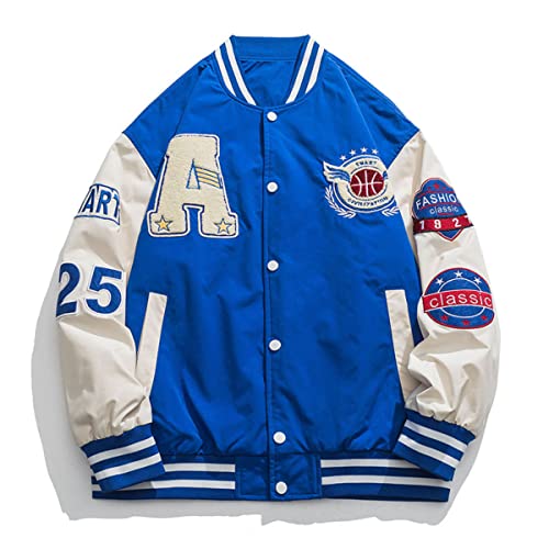 Herren Varsity Baseball Jacken Jacken Baseball Bomber Unisex Streetwear Vintage Letter Print Mäntel Vintage Hip Hop Jacken Baseball Jacken (Blau,XXL) von Vagbalena