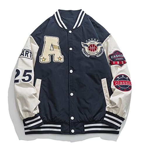 Herren Varsity Baseball Jacken Jacken Baseball Bomber Unisex Streetwear Vintage Letter Print Mäntel Vintage Hip Hop Jacken Baseball Jacken (Navy blau,XXL) von Vagbalena