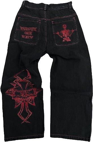 Herren Y2K-Jeans lockere Passform 90er-Jahre-Vintage-Jeans Hip-Hop Retro-Jeans mit Totenkopf-Stickerei verblasste Gothic-Jeans mit geradem Bein lockere Jeans mit weitem Bein (Schwarz,L) von Vagbalena