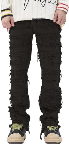 Herren gestapelte Jeans zerrissene Jeans Flicken zerrissene Jeans Patchwork Jeans Y2K Gothic Harlekin Tag Cool Rock Hip Hop Denim Hose Patch geprägte Jeans (Schwarz,M) von Vagbalena