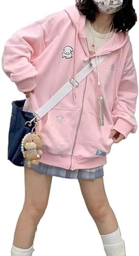 Mädchen Kawaii Zip Hoodie Teenage Kawaii Hoodie Sweatshirt Süße Cartoon Stickerei übergroße Pullover Sweatshirt Harajuku Kawaii Hoodie Top (Rosa,L) von Vagbalena