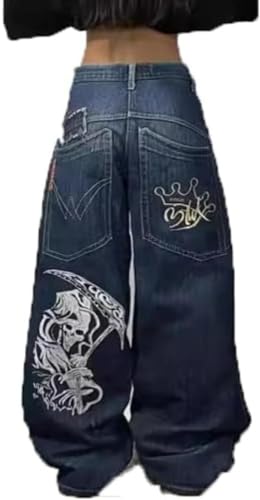 Männer Frauen Y2K Street Hip Hop Skull Print Lose Weite Bein Draggy Hose Große Taschen Gothic Print Unisex Hohe Taille Jeans (Blau,L) von Vagbalena