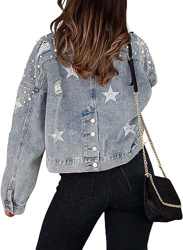 Übergroße Jeansjacke mit Perlen für Damen langärmlig verzierte Jeansjacke mit Sternen bestickte Sterne geprägte Perlen-Jeansjacke (Blau,M) von Vagbalena