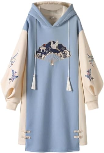 Chinesischer Kapuzen Pullover für Damen Hanbok Besticktes Stehkragen Kleid Hanbok lang ärmel iger gestickter verdickter Cheong sam Plus Größe (Blau 2,M) von Vagbalena