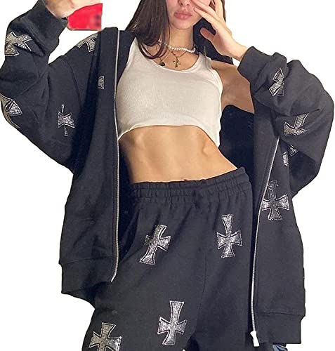 Vagbalena Damen 2er Set mit Reißverschluss lockere Jacke 90er Retro Jacke Sweatshirt Streetwear übergroß Y2K Ästhetik Kreuz Strass Mütze + Jogginghose Pullover (Schwarz,L) von Vagbalena