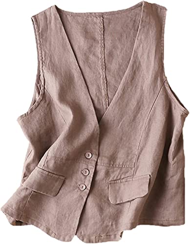 Vagbalena Damen Baumwolle Leinen Knopf Unterhemd lässig lose V-Ausschnitt ärmellose Weste Unterhemd Jacke Schnitt Design ärmellose Baumwolle Leinenweste (Khaki,L) von Vagbalena