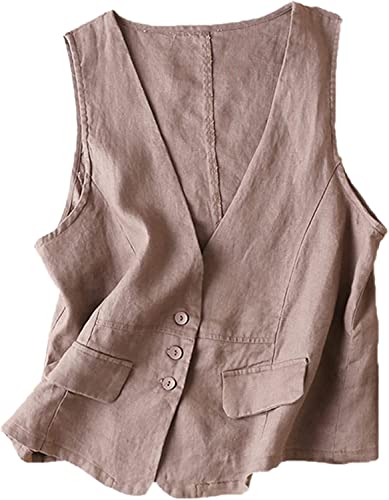 Vagbalena Damen Baumwolle Leinen Knopf Unterhemd lässig lose V-Ausschnitt ärmellose Weste Unterhemd Jacke Schnitt Design ärmellose Baumwolle Leinenweste (Khaki,M) von Vagbalena