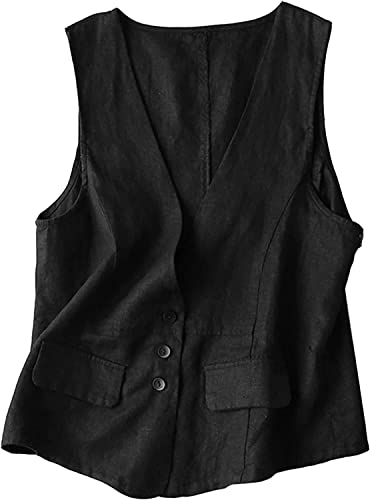 Damen Baumwolle Leinen Knopf Unterhemd lässig lose V-Ausschnitt ärmellose Weste Unterhemd Jacke Schnitt Design ärmellose Baumwolle Leinenweste (Schwarz,XL) von Vagbalena