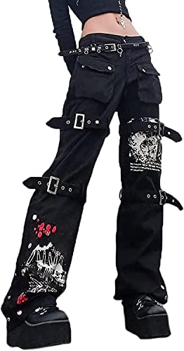 Vagbalena Damen Cargo Jeans Wide Leg Punk Lose Hose Wide Leg Denim Jeans Gothic Lose Jeans Retro Ästhetische Hose mit Taschen (Stil 1,S) von Vagbalena