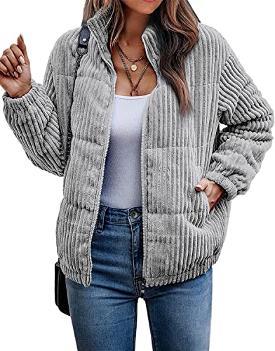 Vagbalena Damen Cordjacke Bomberjacke Ripp gesteppter Reißverschluss Langarm Wintermantel Herbstmantel Top Fashion Damen Cordjacke (Grau,S) von Vagbalena