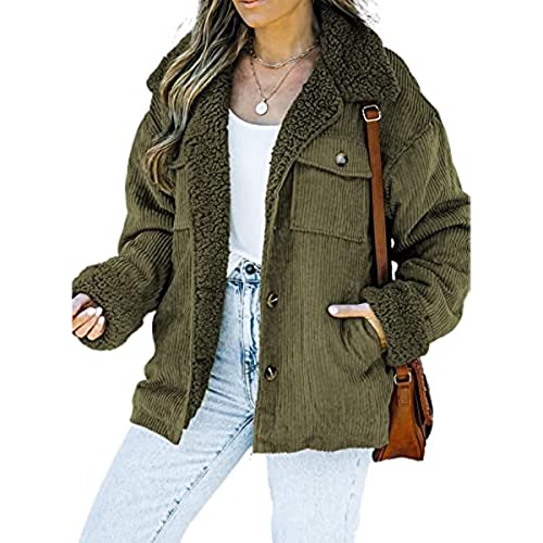 Vagbalena Damen Cordjacke Sherpa Wollpelzkragen Winter Warm Dick Kaschmir gefüttert Warme Cordjacke Klassische Knopf Langarm Jacke (Grün,S) von Vagbalena