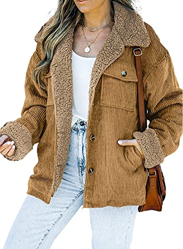 Vagbalena Damen Cordjacke Sherpa Wollpelzkragen Winter Warm Dick Kaschmir gefüttert Warme Cordjacke Klassische Knopf Langarm Jacke (Kamel,L) von Vagbalena