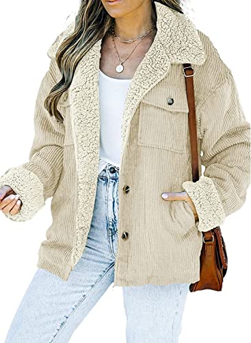 Vagbalena Damen Cordjacke Sherpa Wollpelzkragen Winter Warm Dick Kaschmir gefüttert Warme Cordjacke Klassische Knopf Langarm Jacke (Khaki,L) von Vagbalena