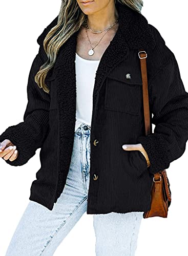 Vagbalena Damen Cordjacke Sherpa Wollpelzkragen Winter Warm Dick Kaschmir gefüttert Warme Cordjacke Klassische Knopf Langarm Jacke (Schwarz,M) von Vagbalena