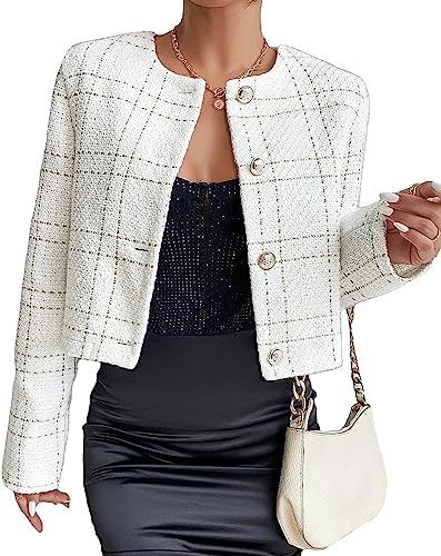 Vagbalena Damen-Damen-Tweed-Jacke schlanke Vintage Langarm-Jacke Tweed Kurze Bluse Strickjacke mit Kragen lässig Blazer Business-Arbeits Kleidung mit Kordel Zug (Weiß,L) von Vagbalena