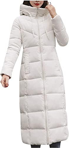 Vagbalena Damen Daunenjacke Winter Lang Gesteppter Parka Slim Fit Extra Lang Gefütterter Mantel Lose Plus Größe Daunenmantel Kapuze Warmer Gefütterter Dicker Kapuzenmantel Oberbekleidung (Weiß,4XL) von Vagbalena