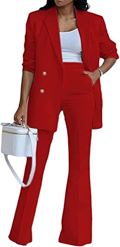 Vagbalena Damen Elegante Business Anzug Anzug Büro Business Hose Mantel Jacke zweiteilig lässig Mode Anzug Set weites Bein Hose Anzug Jacke (Rot,M) von Vagbalena